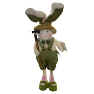 Tall Easter Bunny Table Decor Plush Fabric Spring Rabbit w/ Overalls Farmhouse